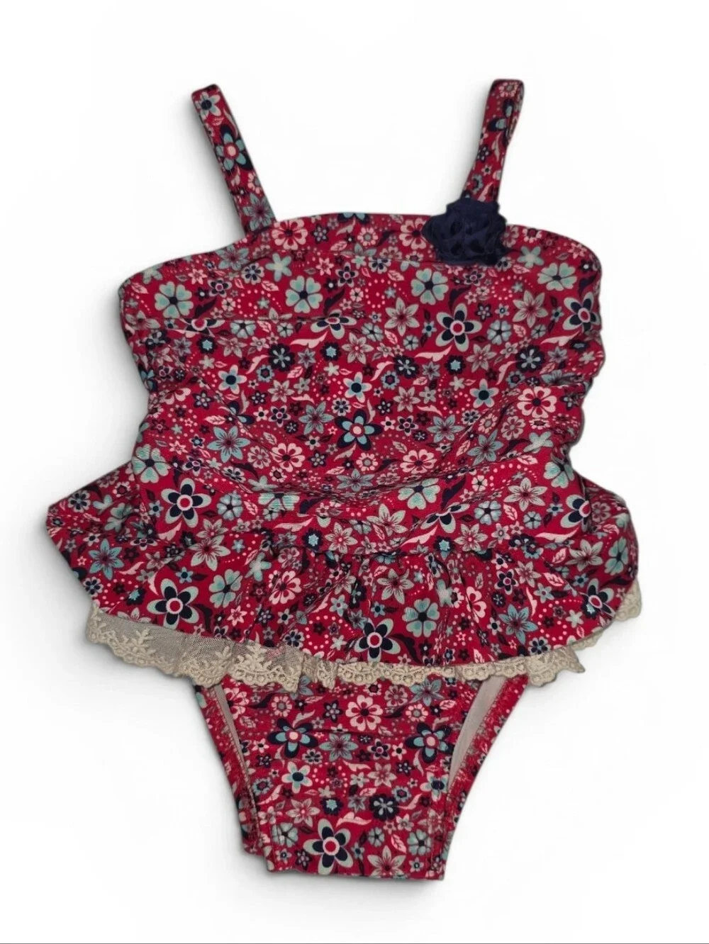 Cat & Jack Floral Swimsuit with Navy Rosette